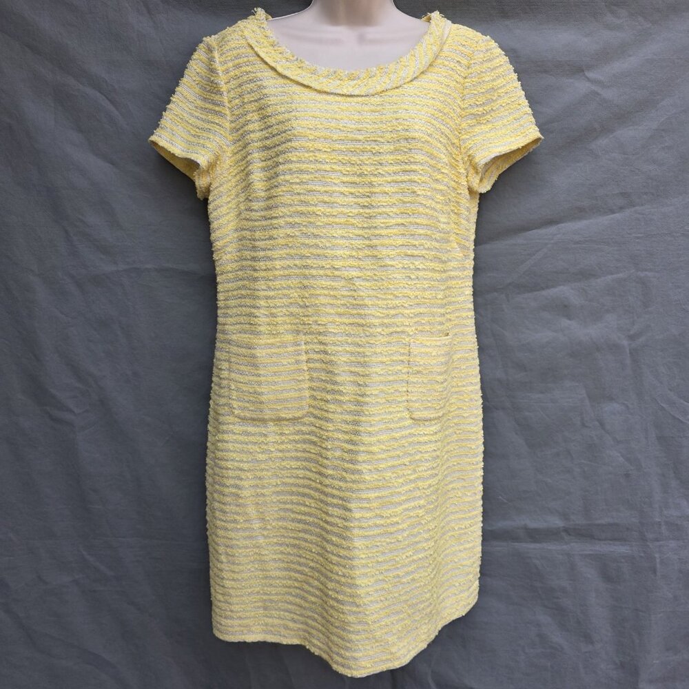 TALBOTS Yellow Metallic White Stripe Tweed Sheath Dress Short Sleeves Size 8
